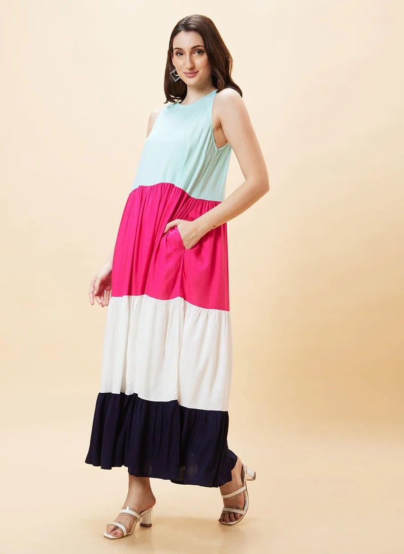 globus Globus Women Pink Colourblocked Round Neck Sleeveless Gathered Tiered A-Line Maxi Dress